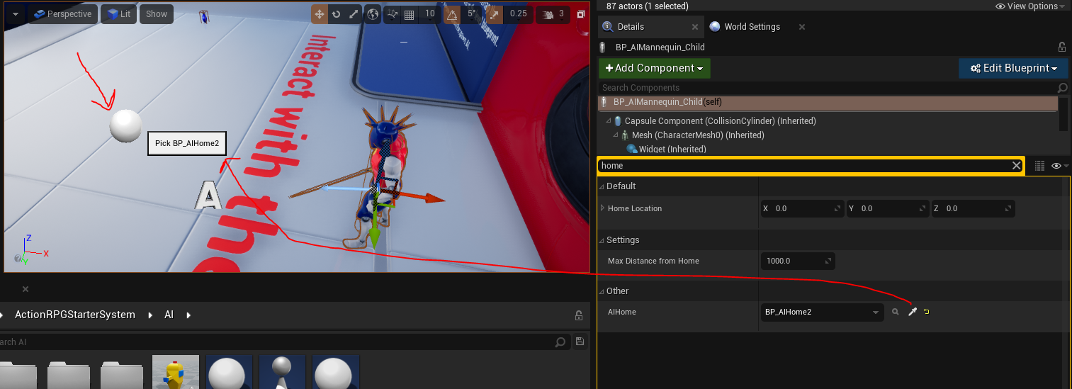 Assigning a placed AI to BP_AIHome with the pick tool