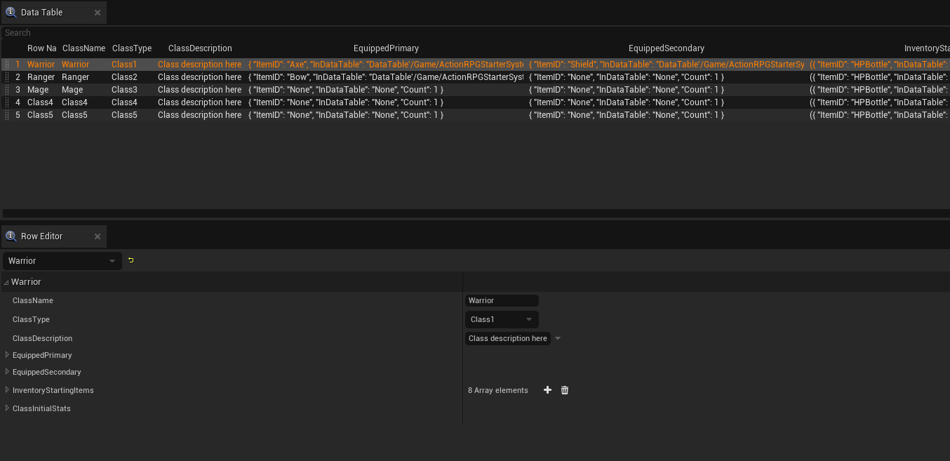 DT_ClassSetups data table with class stats and starting items