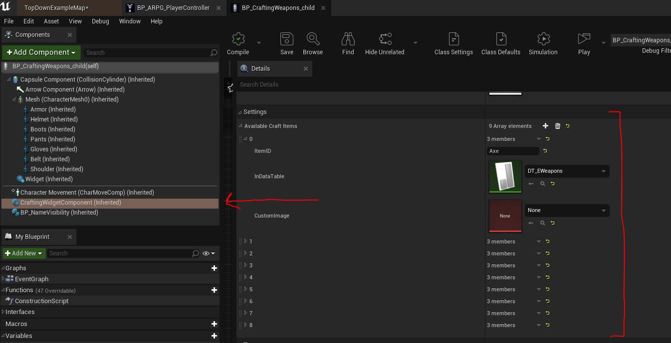 Crafting Blueprint settings for craftable items