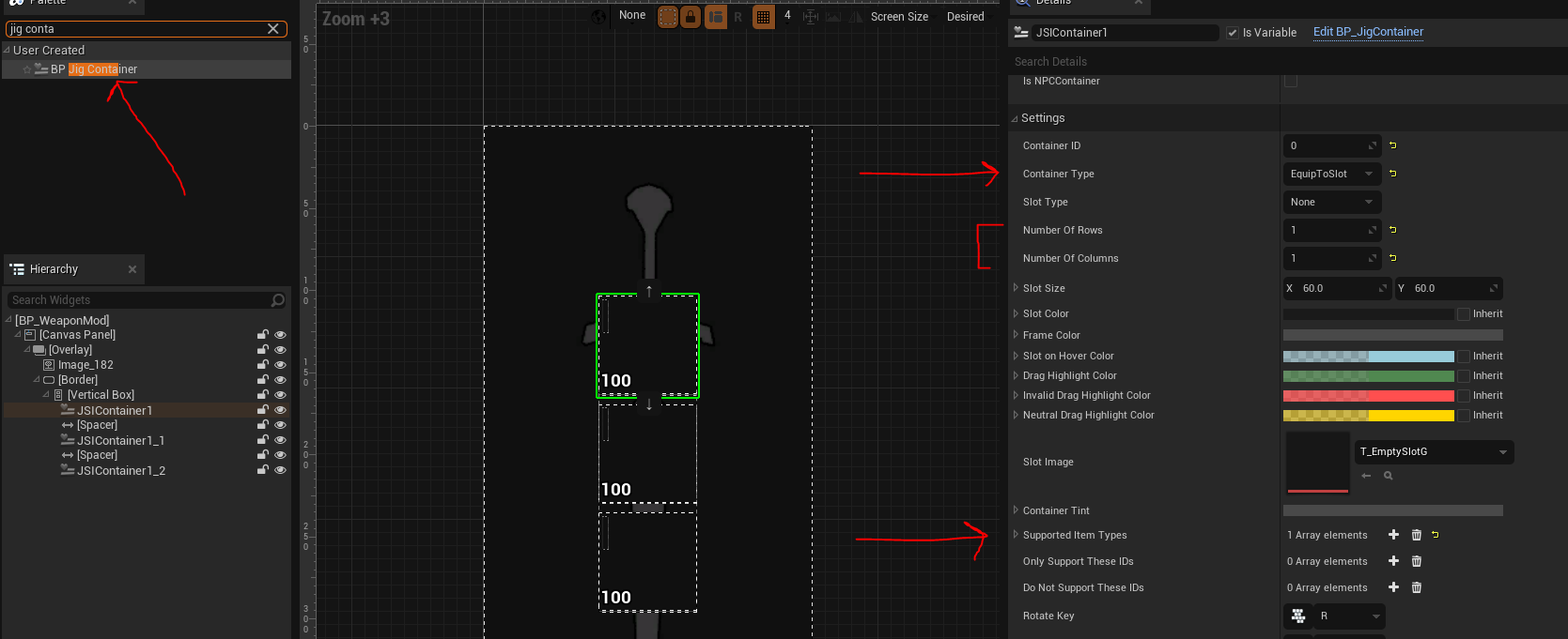 Equipment mod widget with supported item containers