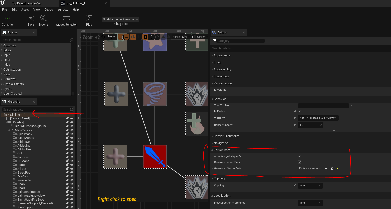 Skill tree widget settings for generating server data
