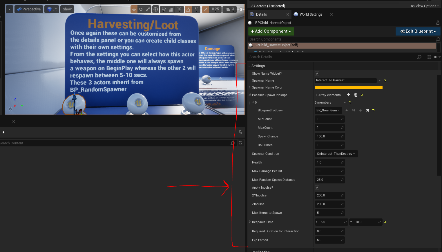 Harvest object settings and spawn conditions