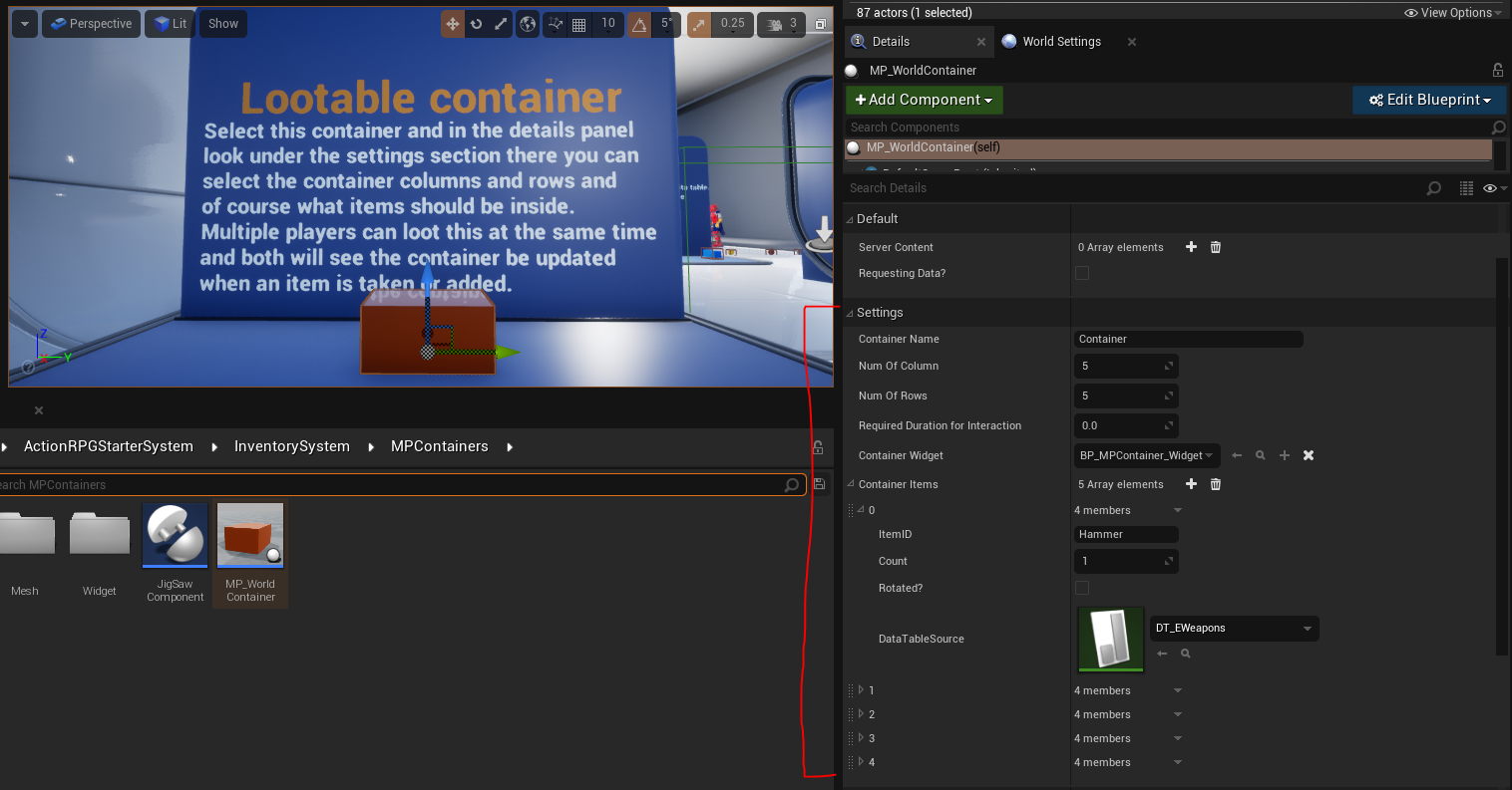 Loot container items, columns and rows