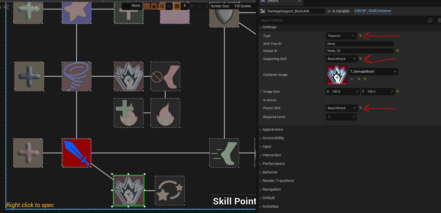 Passive skill settings with supporting skill and parent skill