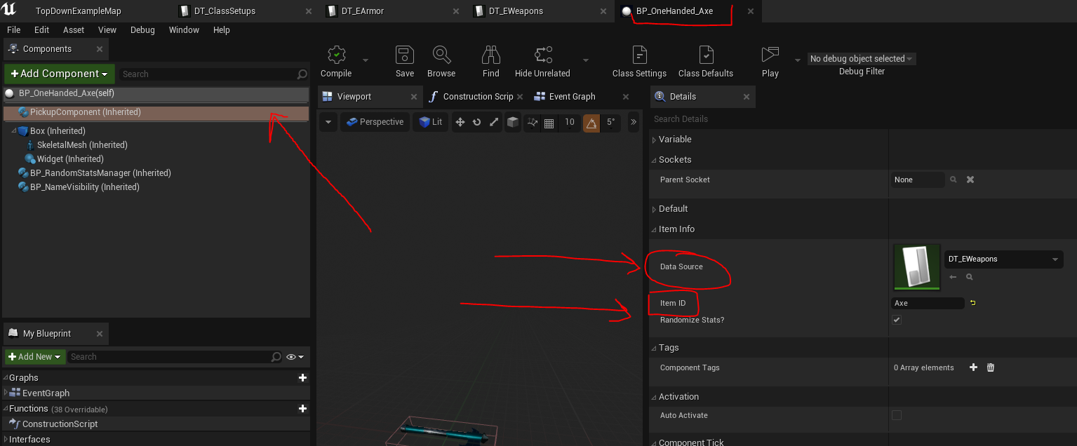 PickupComponent item ID and data table settings