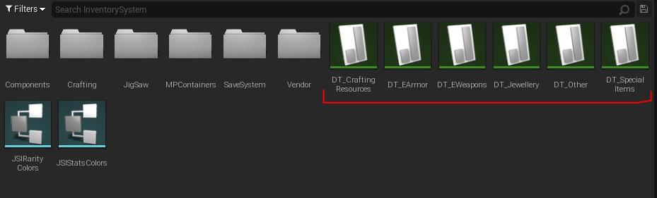InventorySystem pickup data tables in the Content Browser