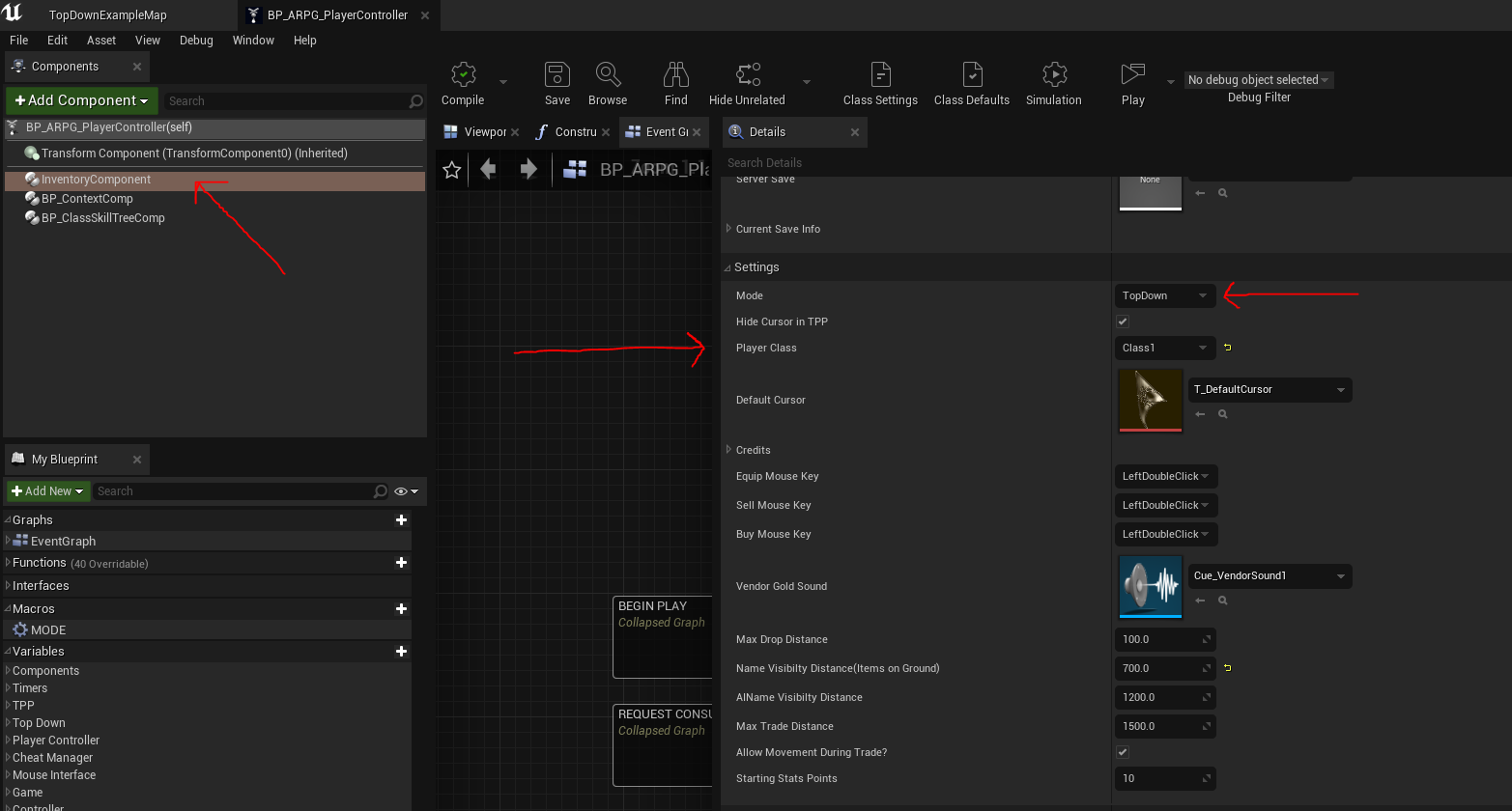 Player controller inventory component settings for game mode and class