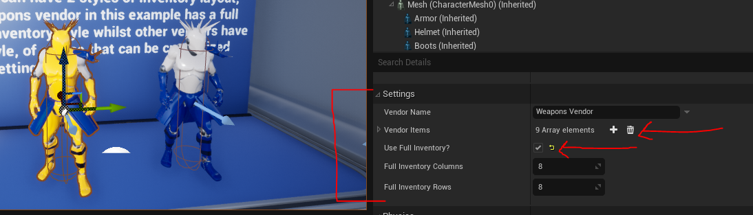 Vendor Blueprint settings and available items