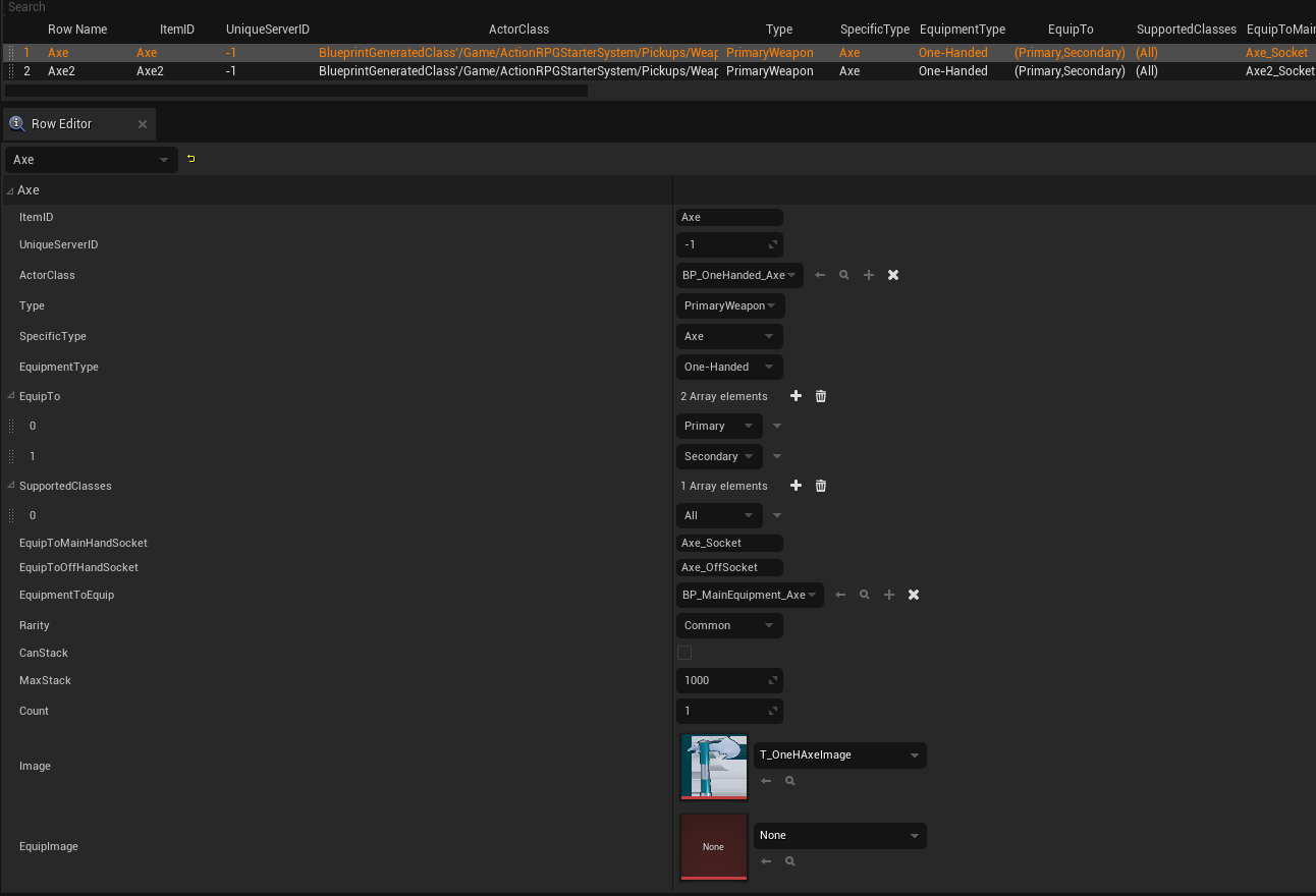 DT_EWeapons data table showing the Axe pickup settings