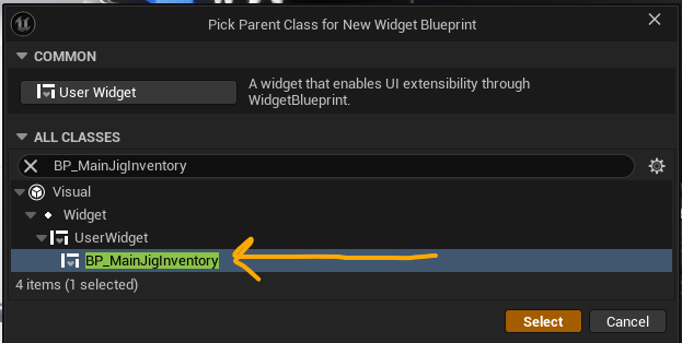 Choosing BP_MainJigInventory as the widget parent class