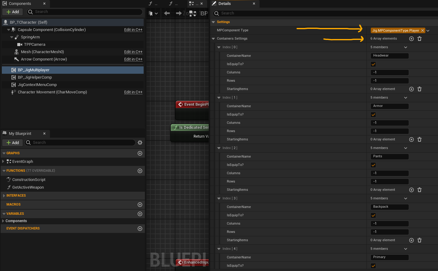 BP_JigMultiplayer component player tag and main inventory slots
